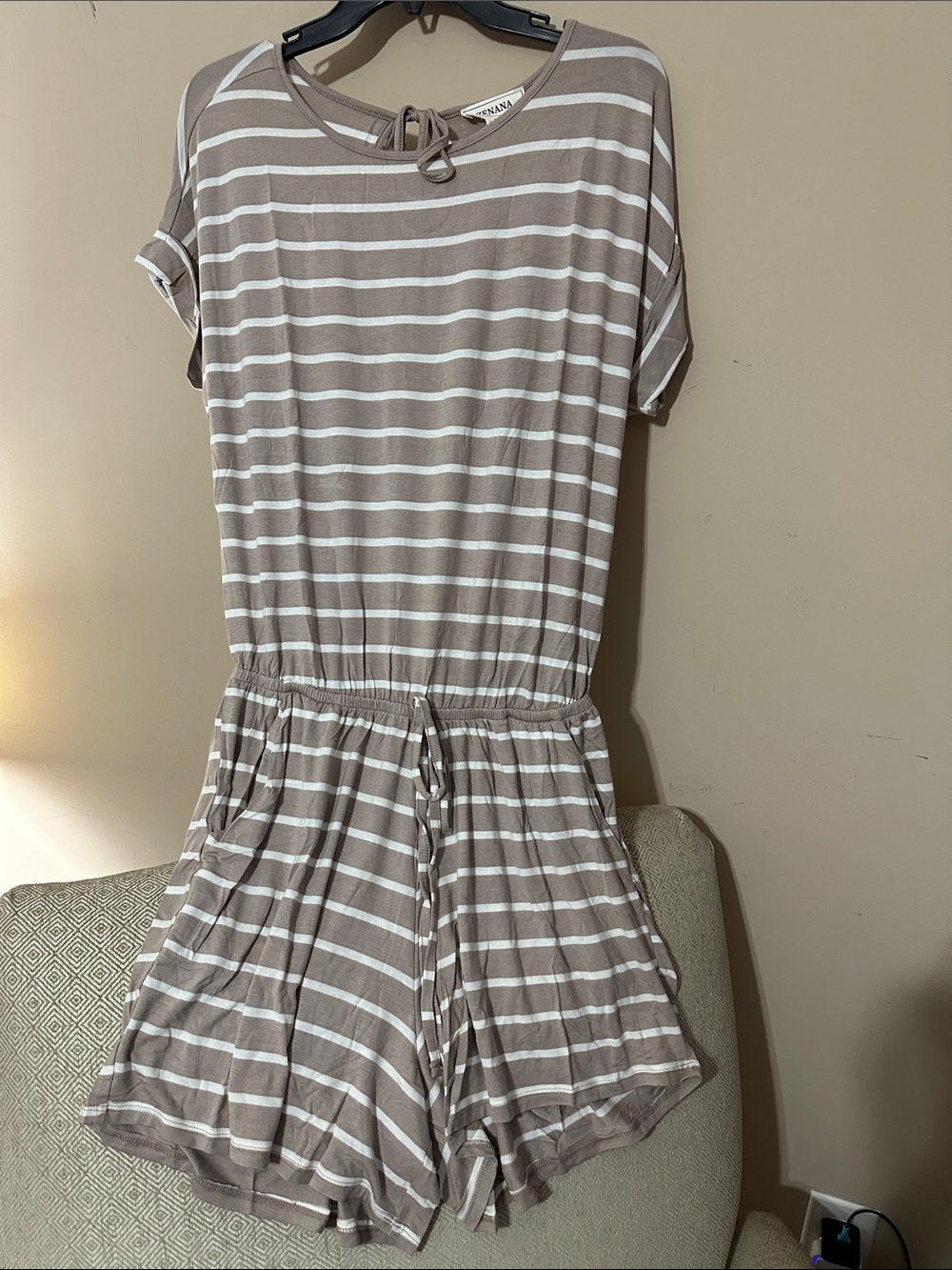 Taupe & White Striped Short Sleeve Romper with pockets!
